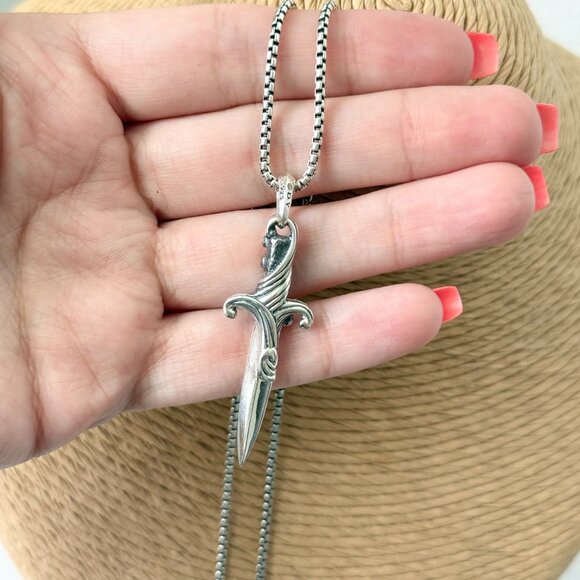 David Yurman Silver Men's Waves Dagger Pendant Amulet & Box Chain 19''-20'' - Picture 3 of 3